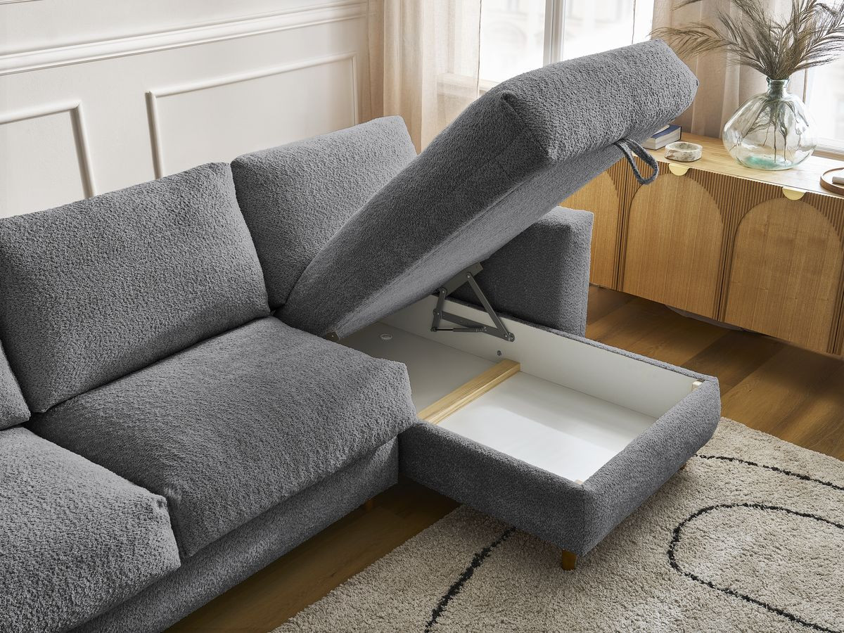 Bobochic Cocoone Ecksofa mit Schlaffunktion und Bettkasten Bouclé-Stoff Dunkelgrau, Liegefläche 140 × 200 cm