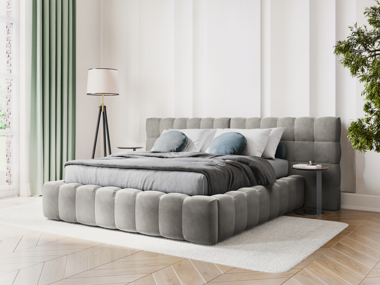 Cosmopolitan Design Stauraumbett mit doppeltem Kopfteil Bali 200x200 Samt Bluvel Hellgrau