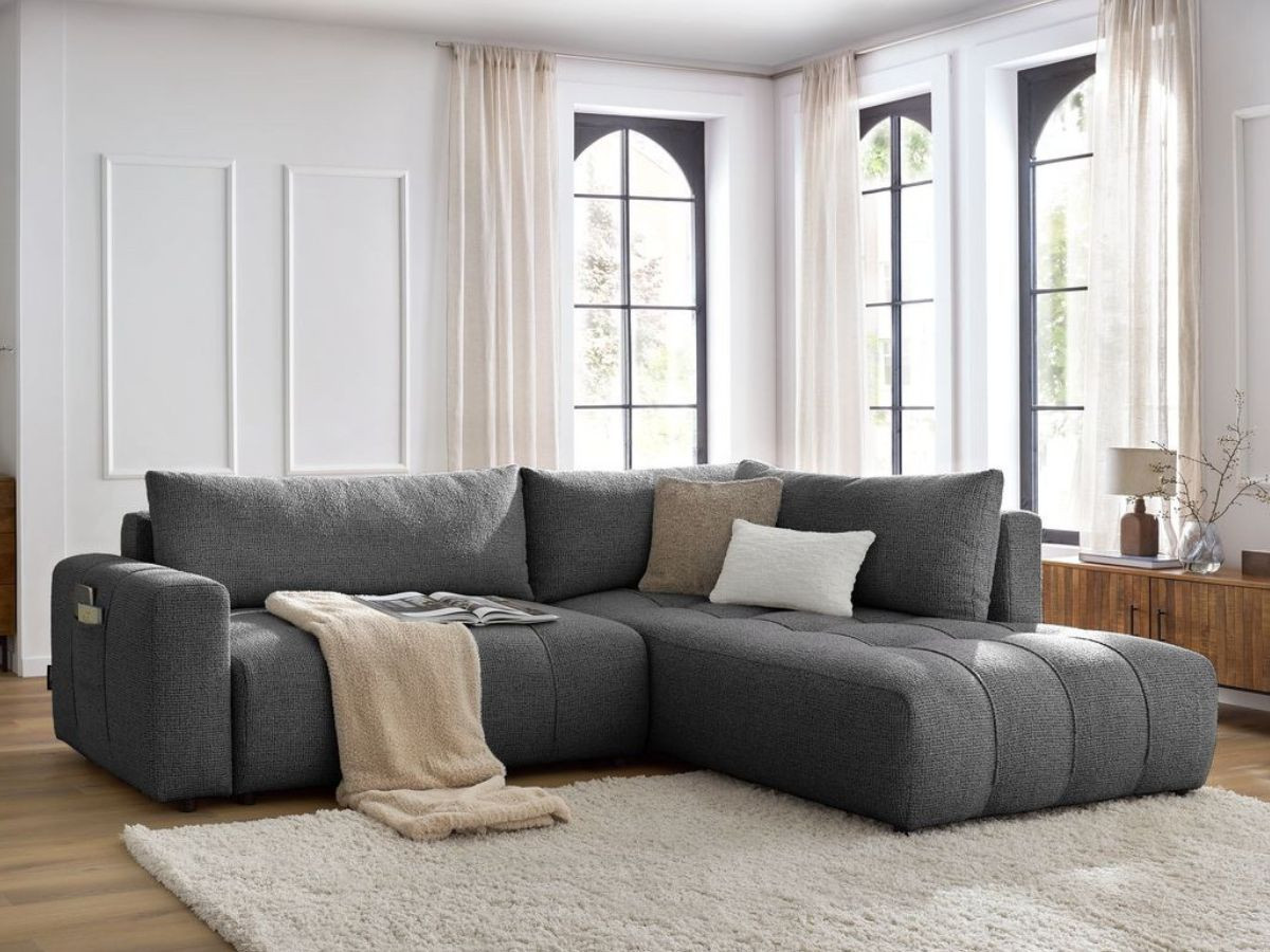 Bobochic Arsene Ecksofa mit Schlaffunktion und Bettkasten 277 × 200 cm Melange-Stoff Dunkelgrau Ecke rechts