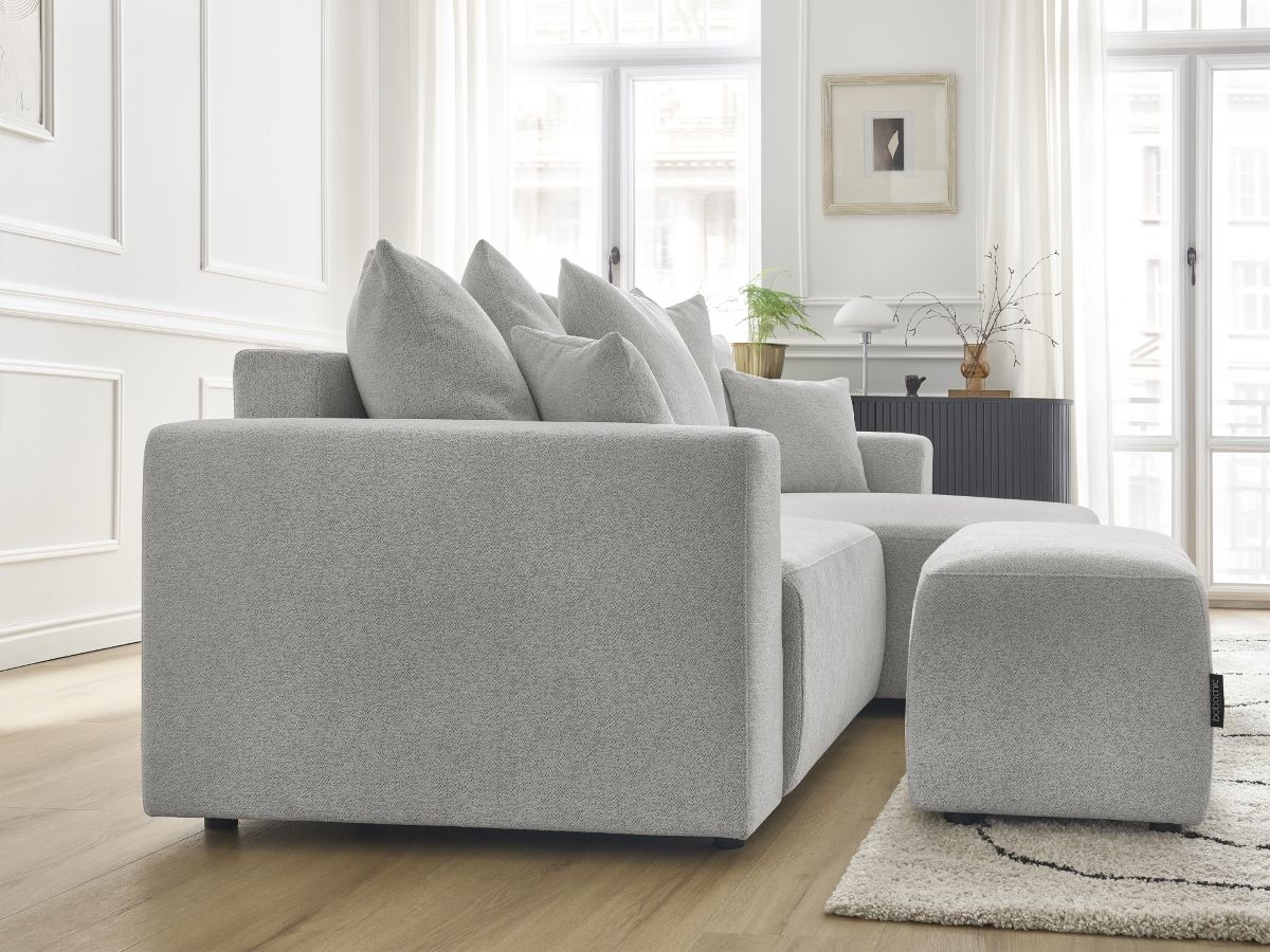 Bobochic Atilla Ecksofa mit Schlaffunktion und Bettkasten und Pouf Melange-Stoff Hellgrau Ecke rechts