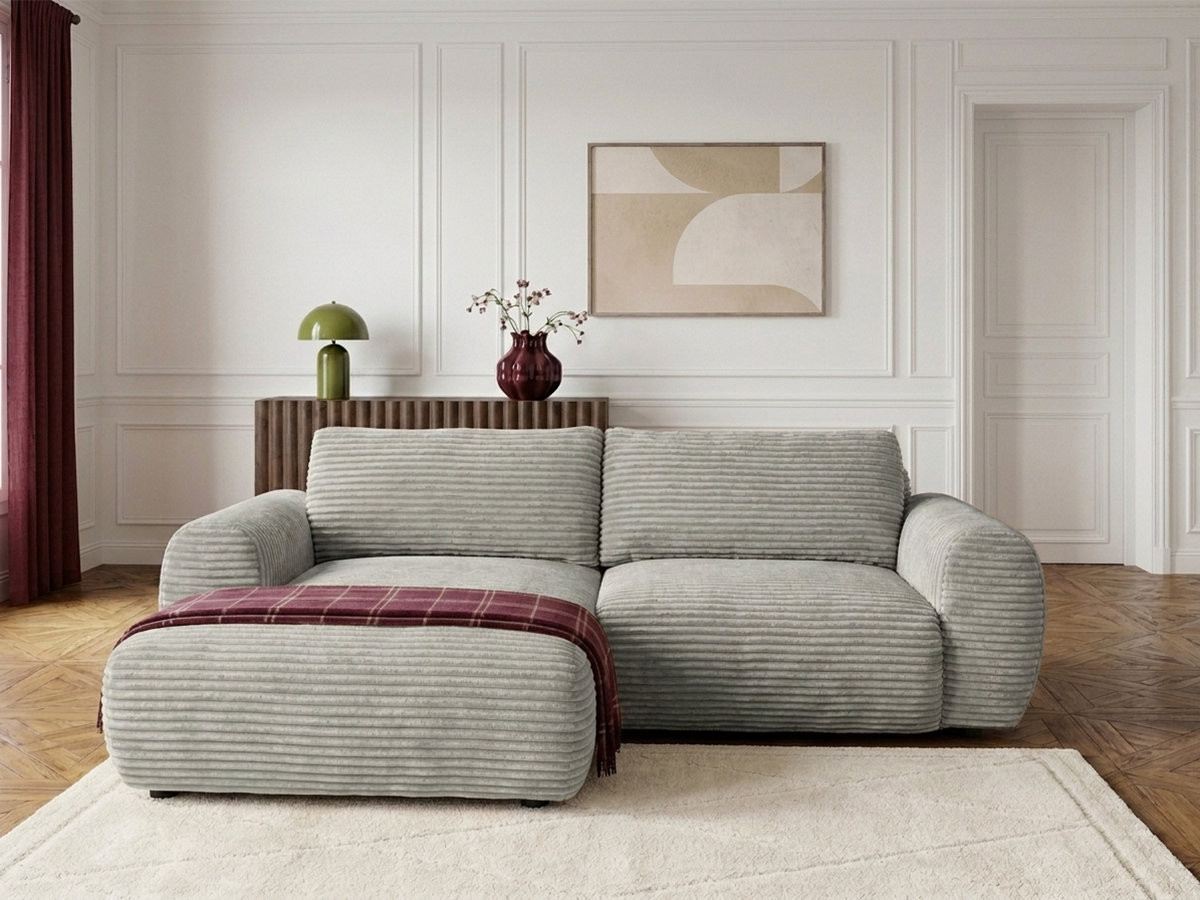 Bobochic Lucien Ecksofa mit Schlaffunktion und Bettkasten Breitcord weich Hellgrau Ecke links