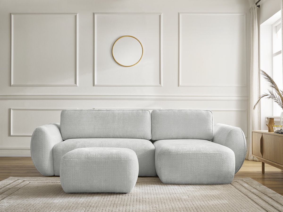 Bobochic Denise Ecksofa mit Schlaffunktion und Bettkasten und Pouf 258 × 160 cm Strukturstoff Hellgrau Ecke rechts