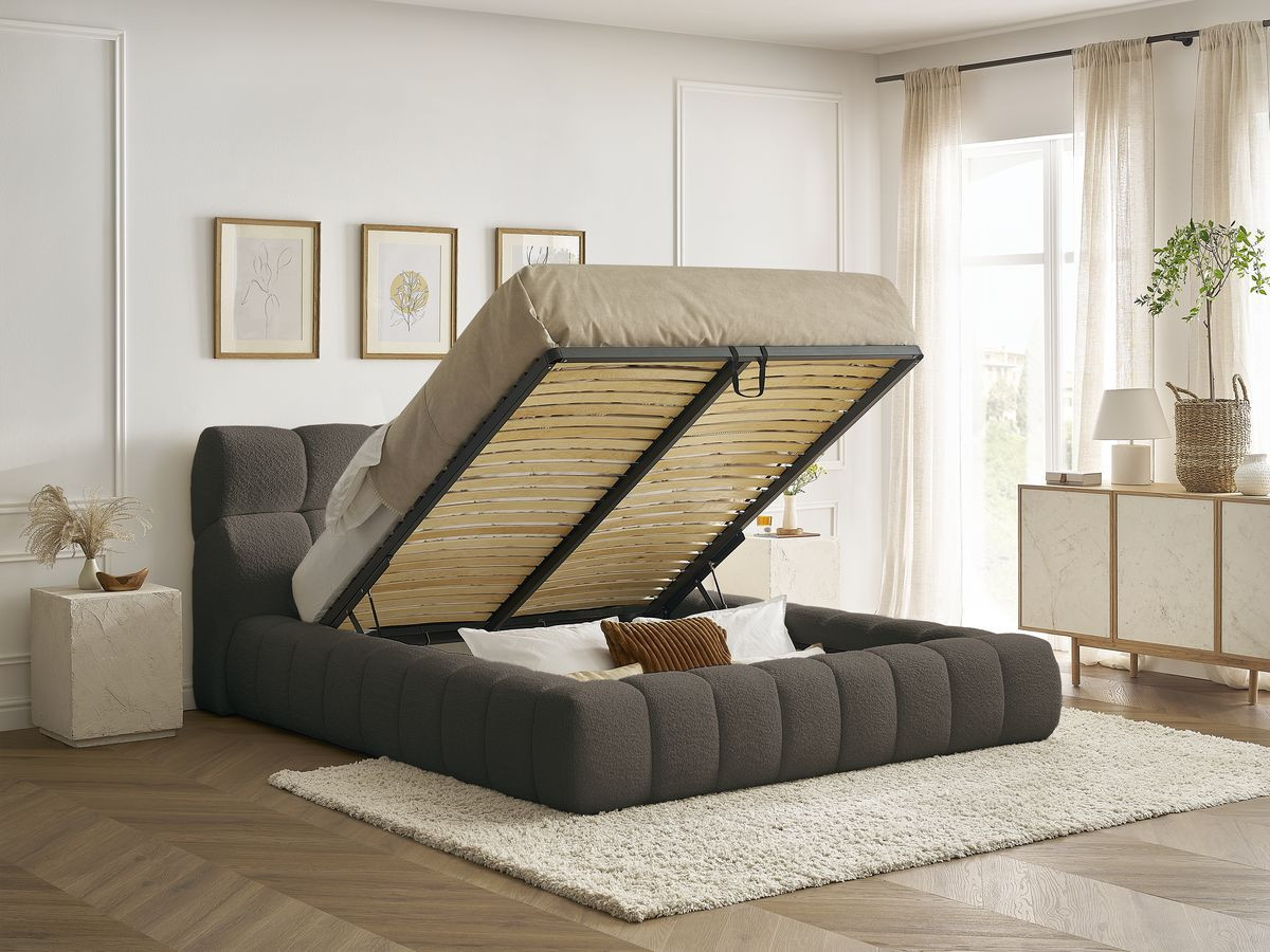 Bobochic Mont-blanc Polsterbett mit Bettkasten Bouclé-Stoff Braun, Liegefläche 140 × 190 cm