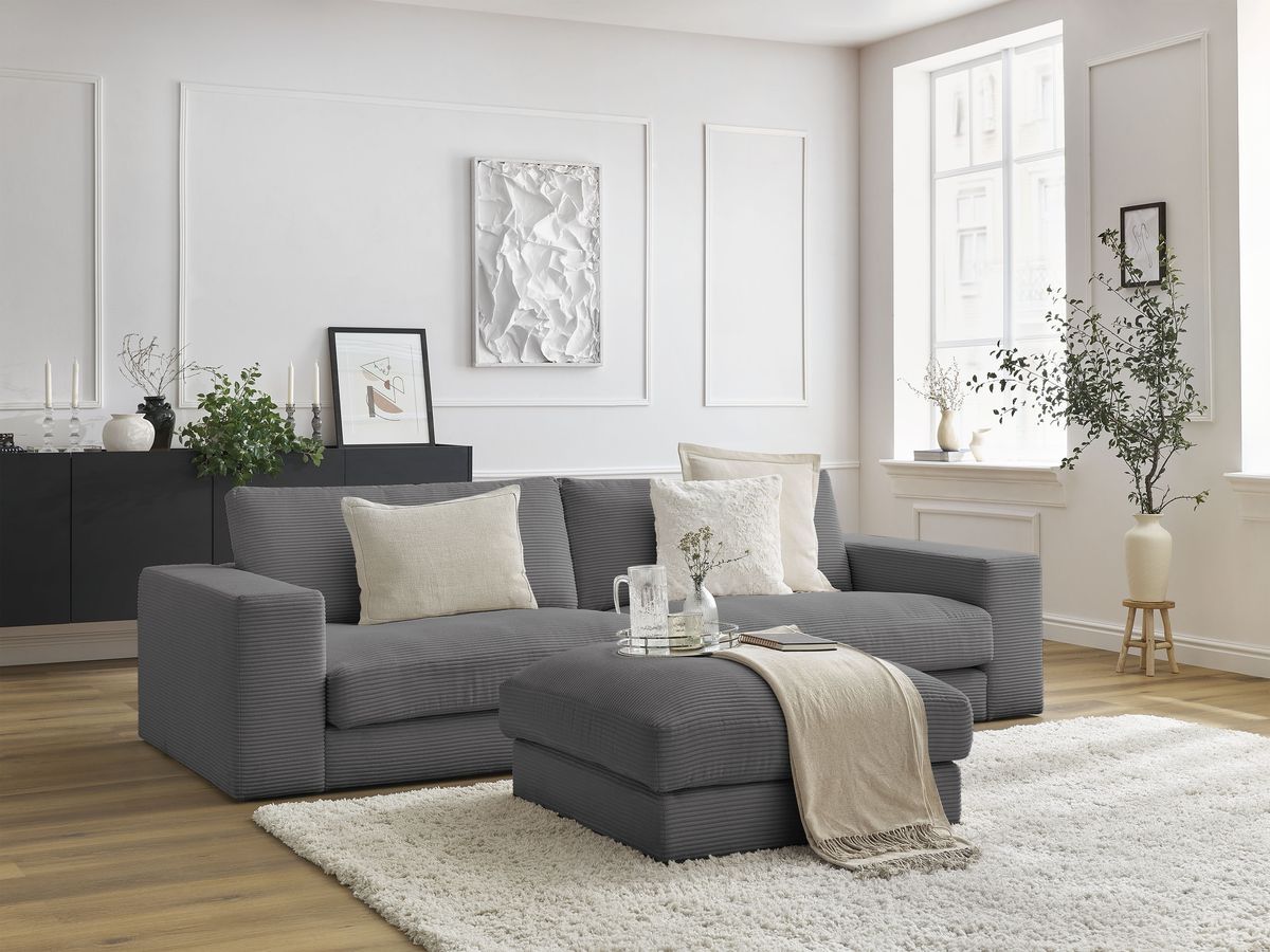 Bobochic Leonard Sofa 4-Sitzer mit Pouf 274 × 109 cm Cordsamt Dunkelgrau