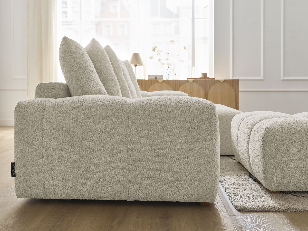 Bobochic Anakin Ecksofa mit Pouf, 6 Kissen Bouclé-Stoff Beige