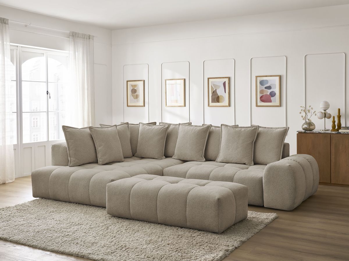 Bobochic Everest Ecksofa mit Schlaffunktion und Bettkasten und Pouf 320 × 212 cm, 10 Kissen Melange-Stoff Taupe Ecke links