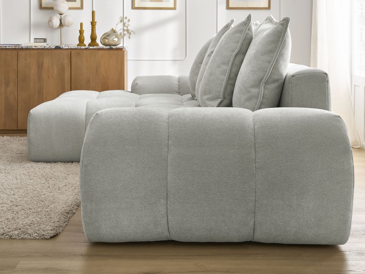 Bobochic Everest Ecksofa mit Schlaffunktion und Bettkasten 318 × 180 cm, 7 Kissen Strukturstoff Hellgrau Ecke links