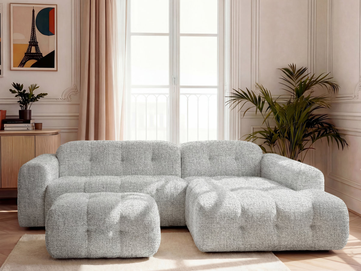 Bobochic Laura Ecksofa mit kleinem Pouf Melange-Stoff Hellgrau Ecke rechts
