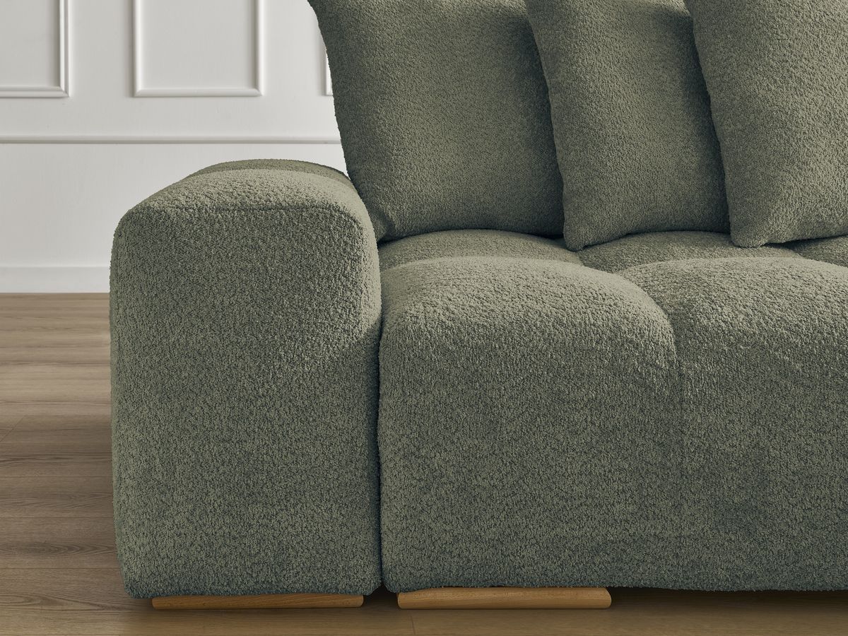 Bobochic Anakin Sofa 3-Sitzer mit Pouf, 6 Kissen Bouclé-Stoff Grün