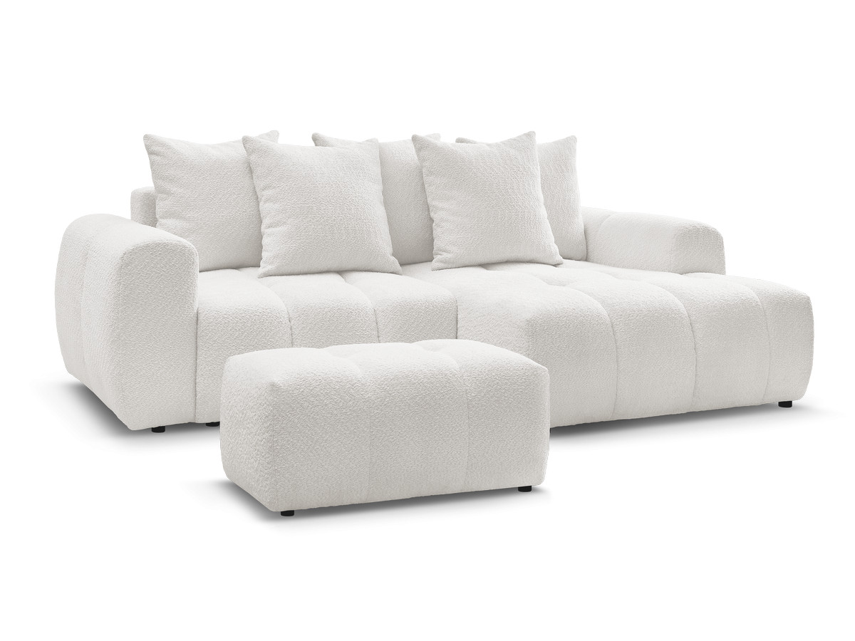 Bobochic Roxelane Ecksofa mit Schlaffunktion und Bettkasten und Pouf 258 × 150 cm Bouclé-Stoff Weiß Ecke rechts