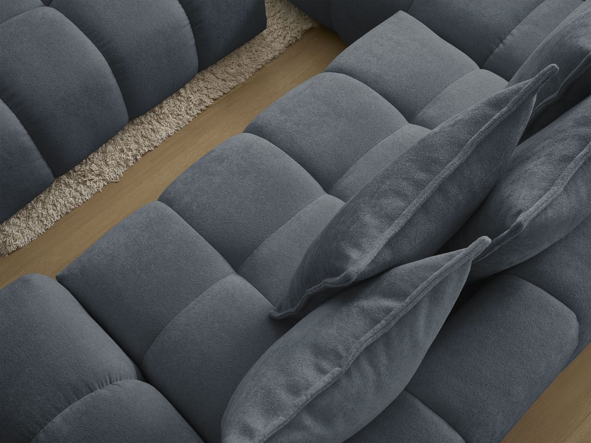 Bobochic Everest Ecksofa mit Schlaffunktion und Bettkasten und Pouf 320 × 212 cm, 10 Kissen Strukturstoff Dunkelblau Ecke links