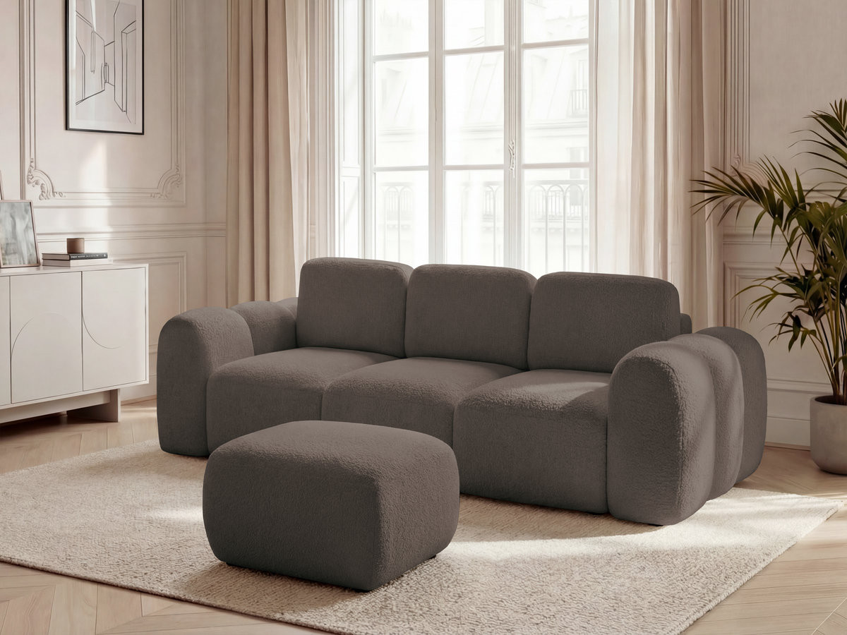 Bobochic Montaigne Schlafsofa 3-Sitzer mit Bettkasten und Pouf Bouclé-Stoff Braun