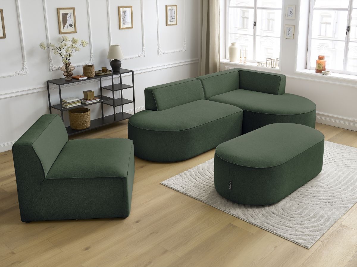 Bobochic Rousseau Ecksofa mit Sofamodul und Pouf Melange-Stoff Grün Ecke rechts