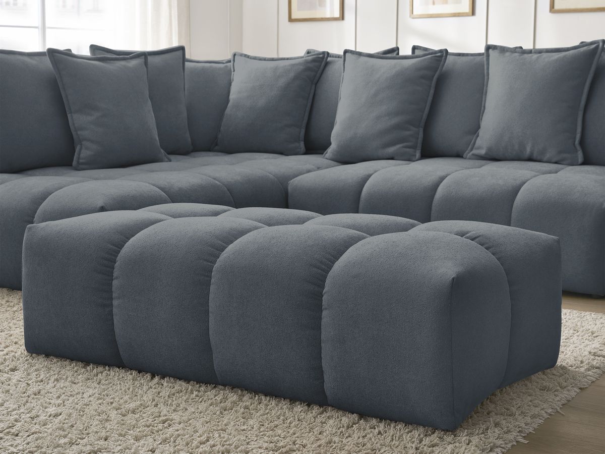 Bobochic Everest Ecksofa mit Schlaffunktion und Bettkasten und Pouf 320 × 212 cm, 10 Kissen Strukturstoff Dunkelblau Ecke links