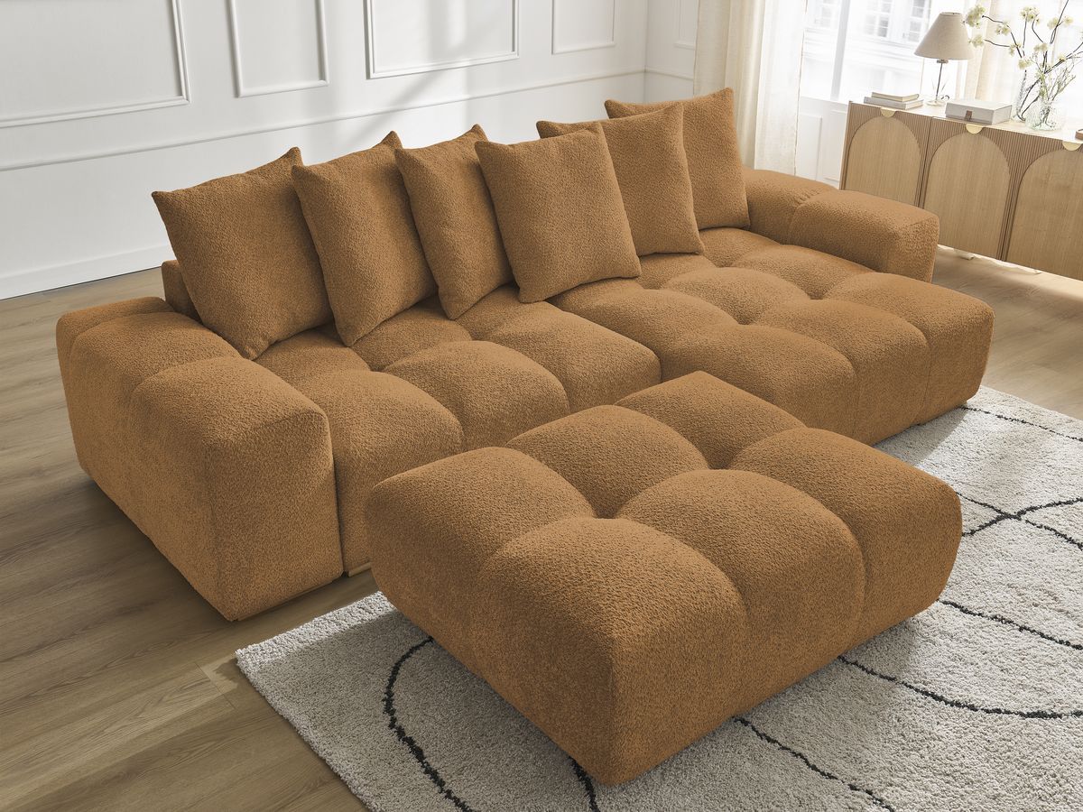 Bobochic Anakin Ecksofa mit Pouf, 6 Kissen Bouclé-Stoff Gelb