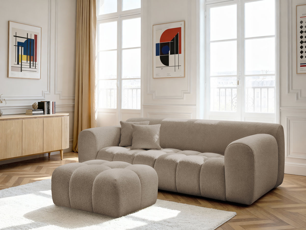 Bobochic Melisse Sofa 3-Sitzer mit Pouf Melange-Stoff Taupe