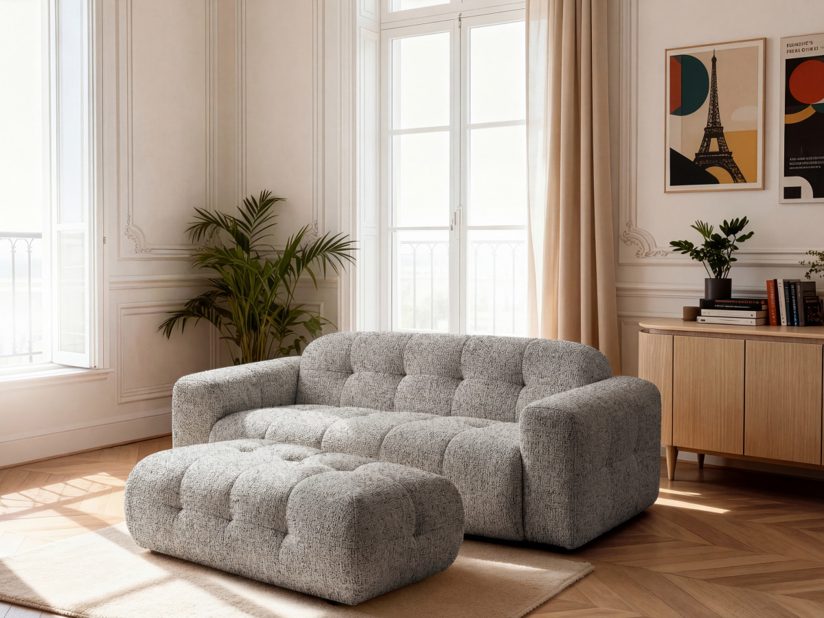 Bobochic Laura Sofa 3-Sitzer mit großem Pouf Melange-Stoff Taupe