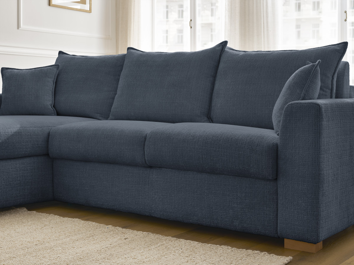 Bobochic Augustin Ecksofa mit Schlaffunktion und Bettkasten Strukturstoff Dunkelblau, Liegefläche 160 × 200 cm