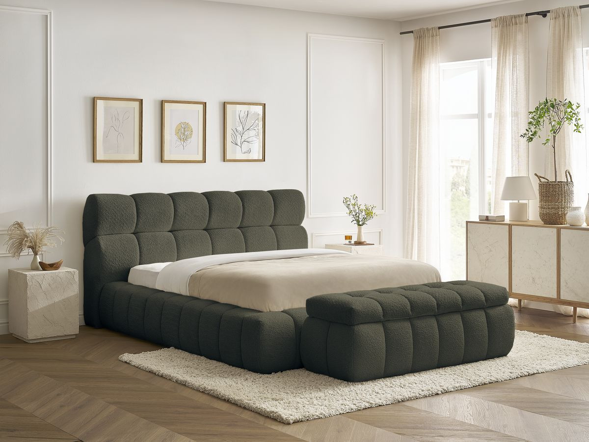 Bobochic Mont-blanc Polsterbett mit Bettkasten mit Bettbank Bouclé-Stoff Grün, Liegefläche 160 × 200 cm