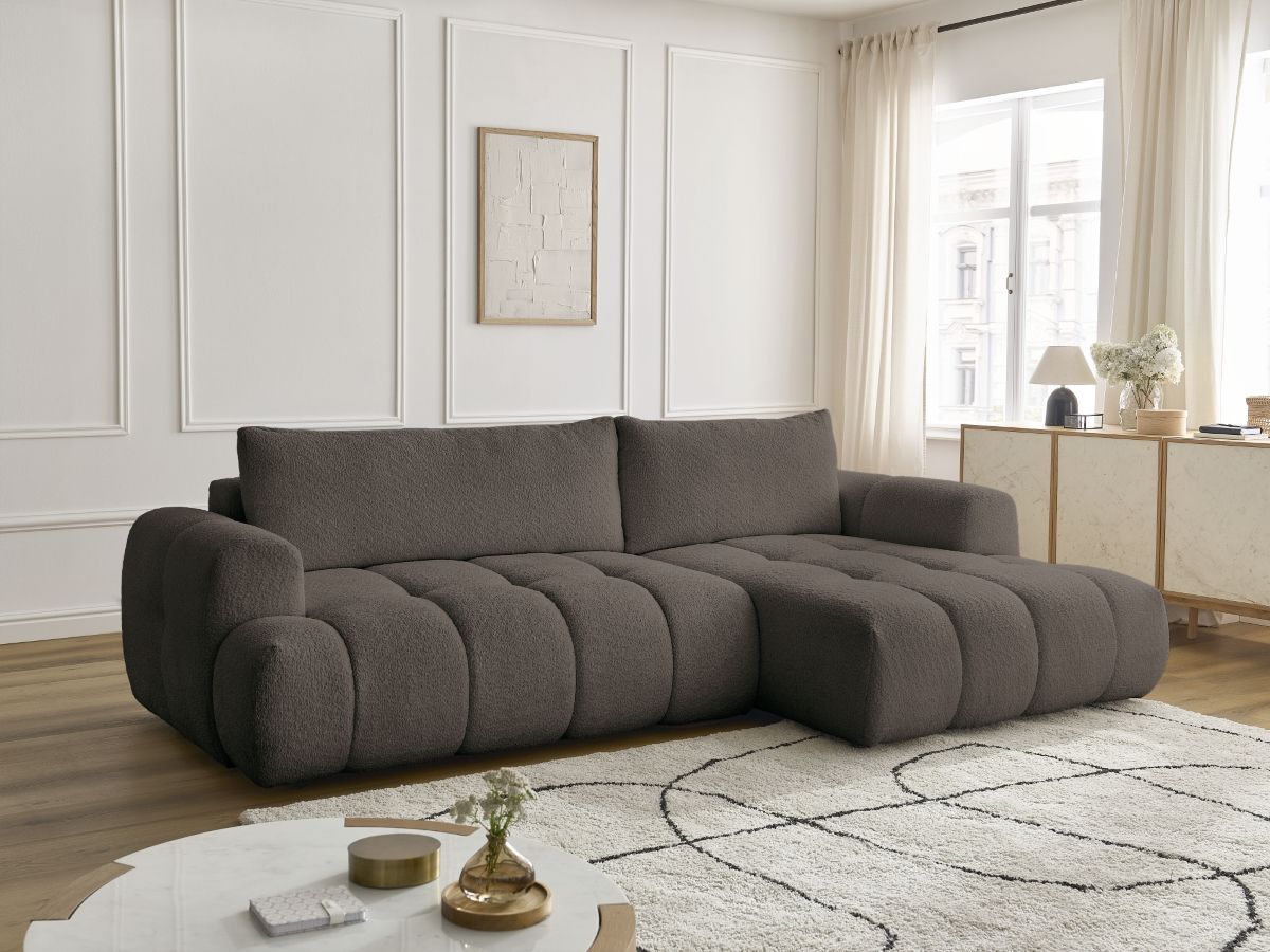Bobochic Fuji Ecksofa mit Schlaffunktion und Bettkasten 292 × 160 cm Bouclé-Stoff Braun Ecke rechts