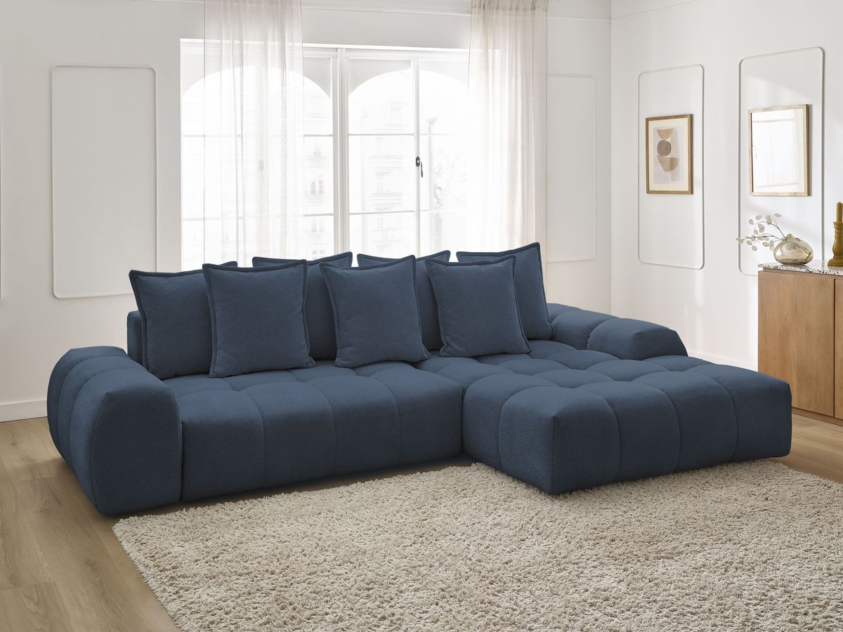 Bobochic Everest Ecksofa mit Schlaffunktion und Bettkasten 318 × 180 cm, 7 Kissen Melange-Stoff Dunkelblau Ecke rechts