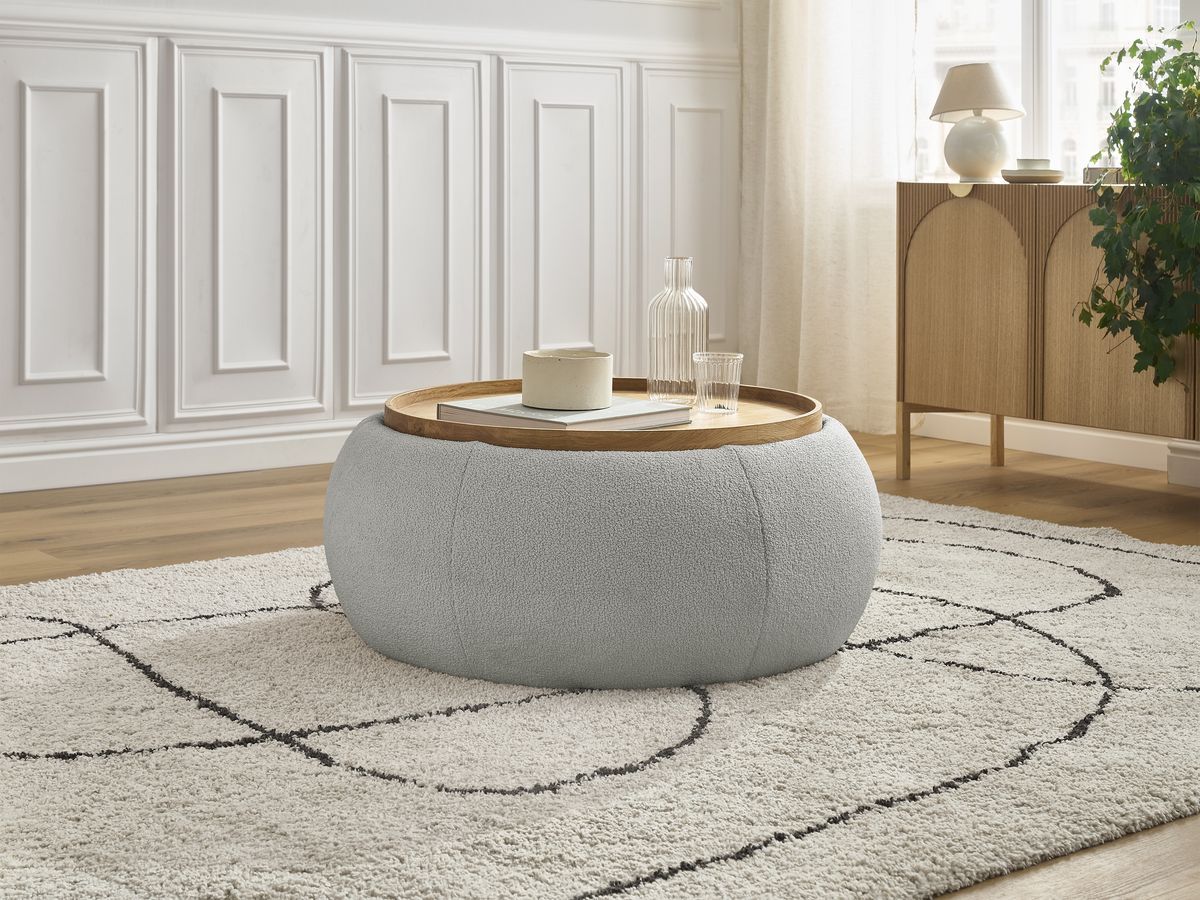 Bobochic Hayden Pouf mit Tablett, rund Bouclé-Stoff Hellgrau, 87 cm