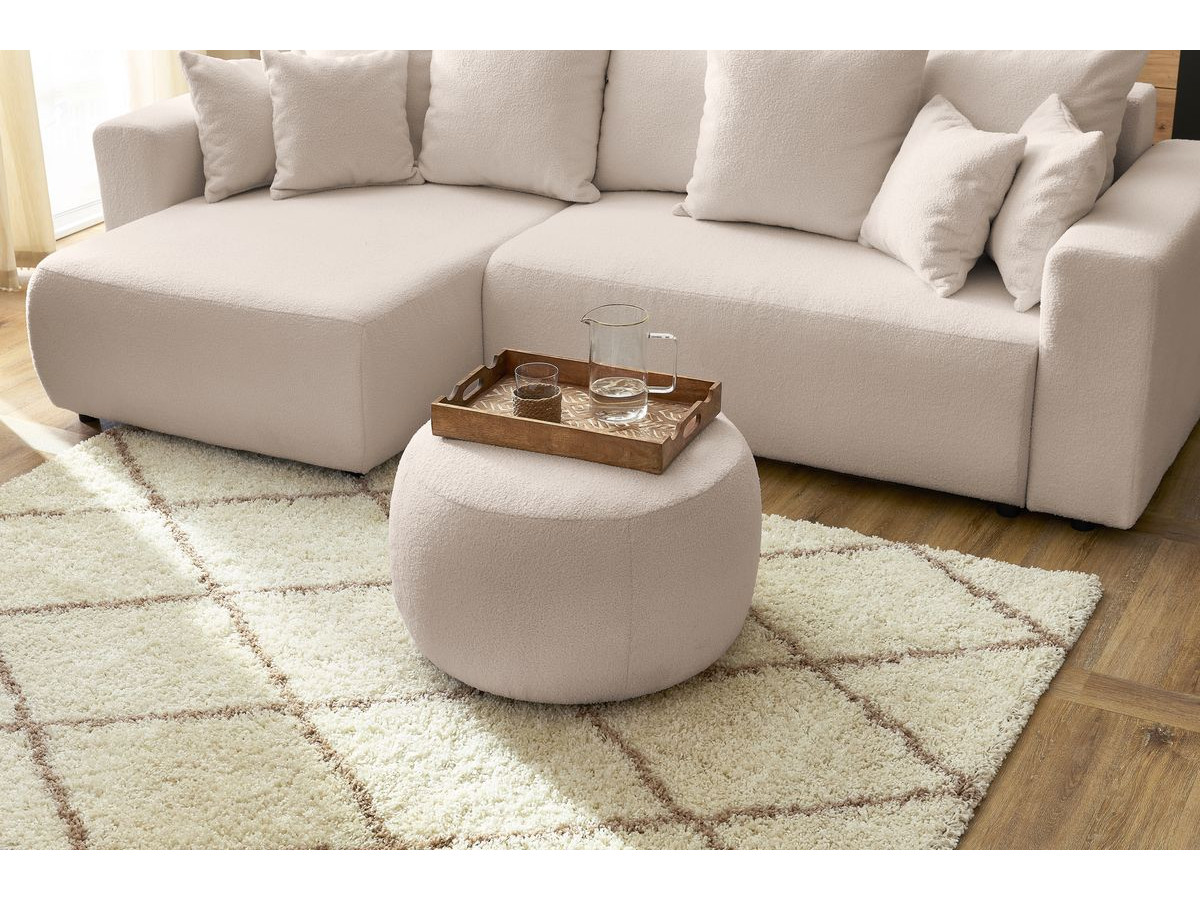 Bobochic Envy Ecksofa mit Schlaffunktion und Bettkasten und rundem Pouf Bouclé-Stoff Beige