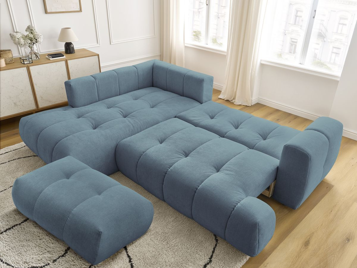 Bobochic Fuji Ecksofa mit Schlaffunktion und Bettkasten und Pouf 282 × 204 cm Stoff Hellblau Ecke links