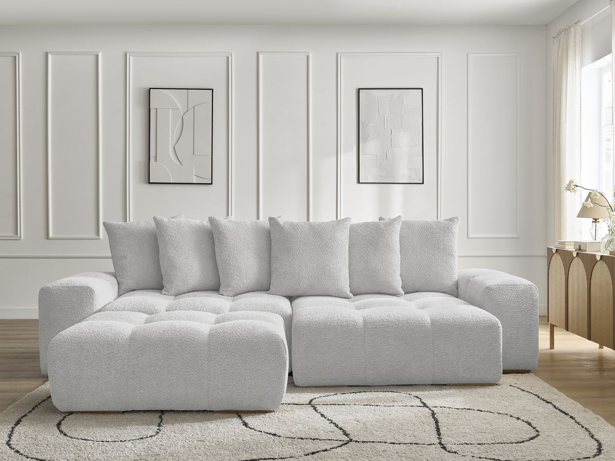 Bobochic Anakin Ecksofa mit Pouf, 6 Kissen Bouclé-Stoff Hellgrau