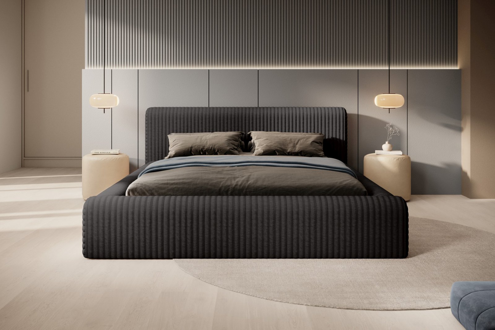 Polsterbett Miloa Softcord mit Fellstruktur 140x200 mit Metallrahmen Vito 18