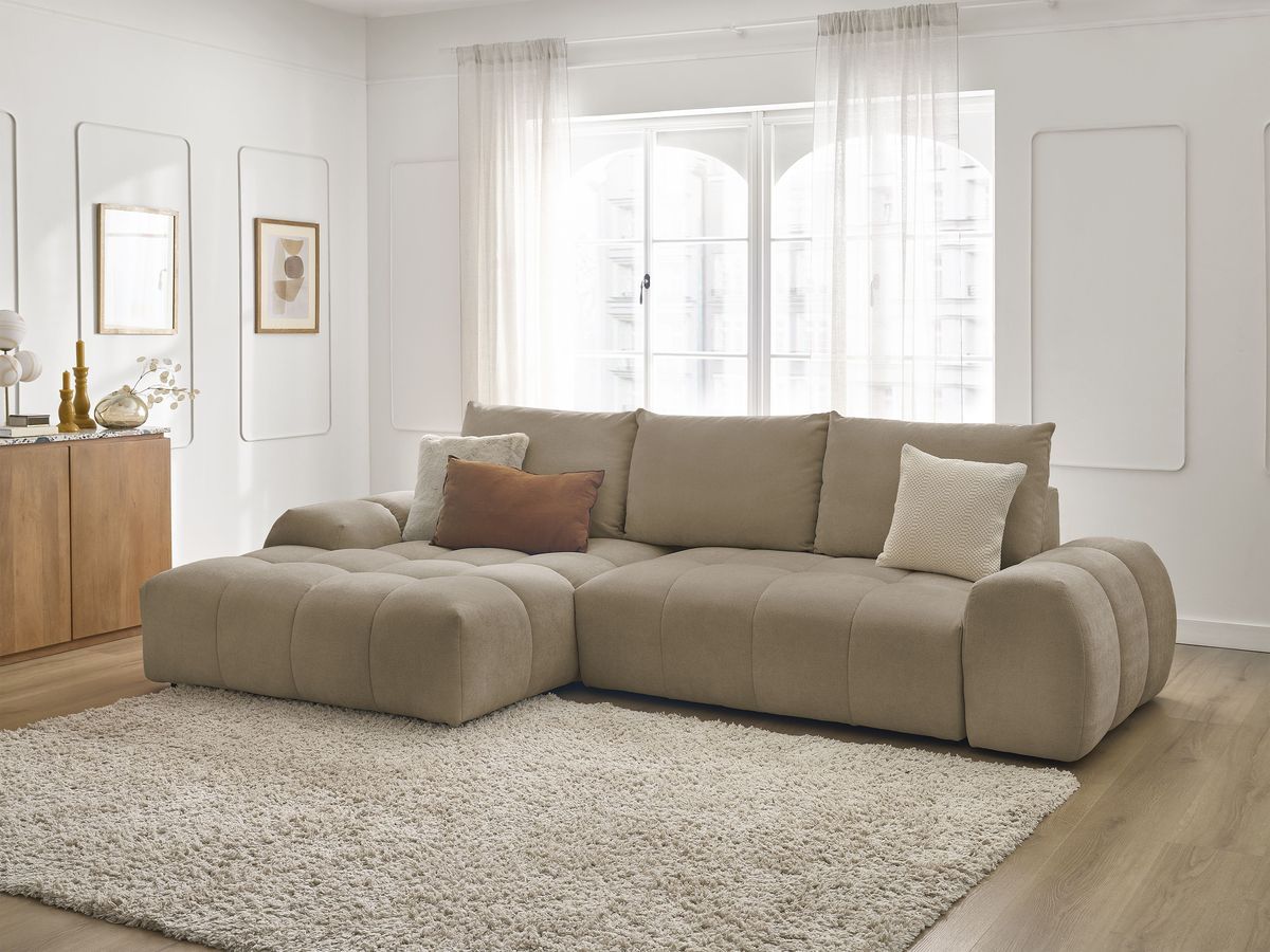 Bobochic Everest Ecksofa mit Schlaffunktion und Bettkasten 318 × 180 cm, 3 Kissen Strukturstoff Taupe Ecke links
