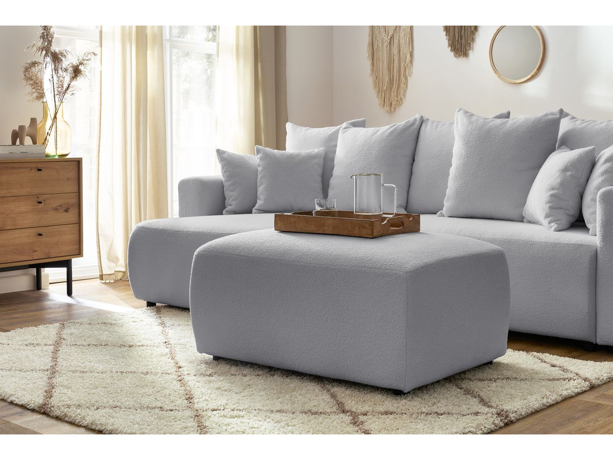 Bobochic Envy Ecksofa mit Schlaffunktion und Bettkasten und rechteckigem Pouf Bouclé-Stoff Hellgrau