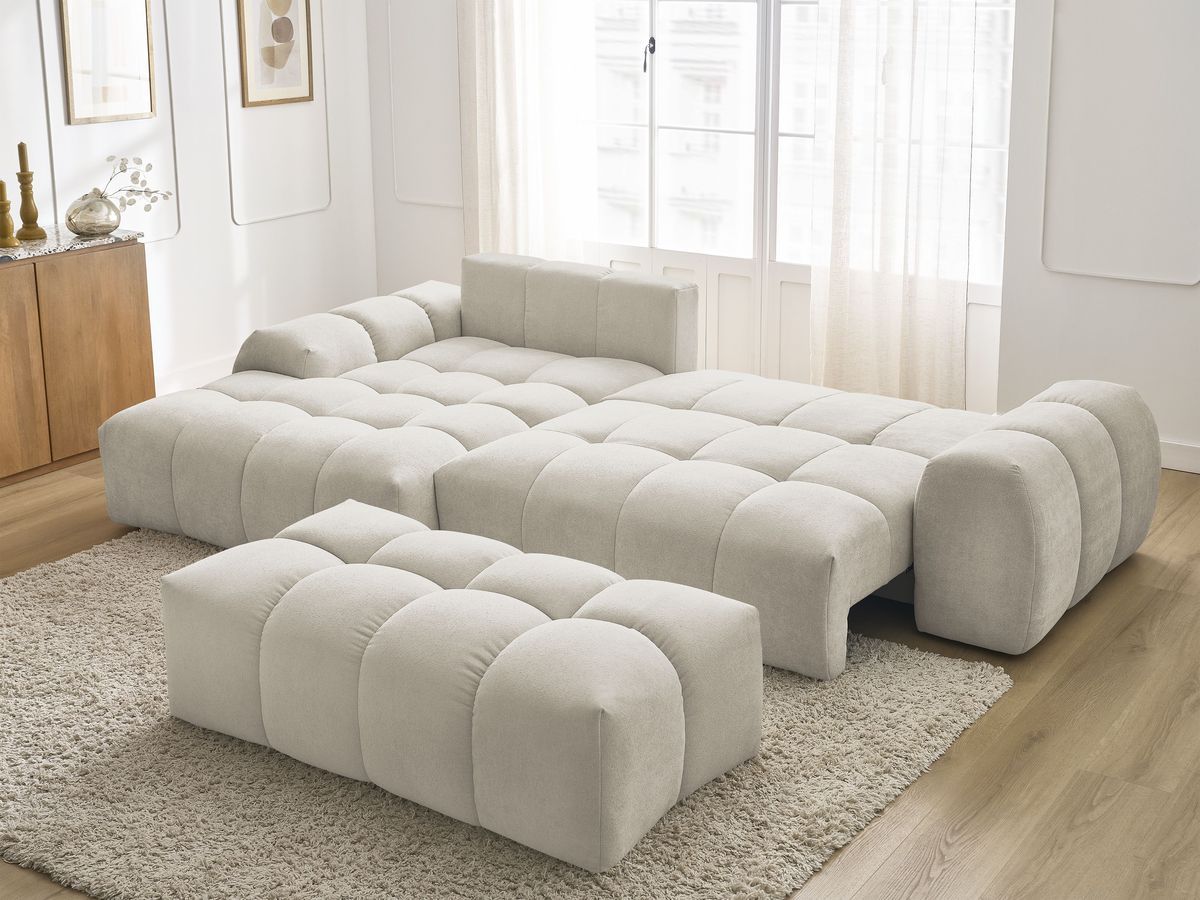 Bobochic Everest Ecksofa mit Schlaffunktion und Bettkasten und Pouf 318 × 180 cm, 7 Kissen Strukturstoff Beige Ecke links