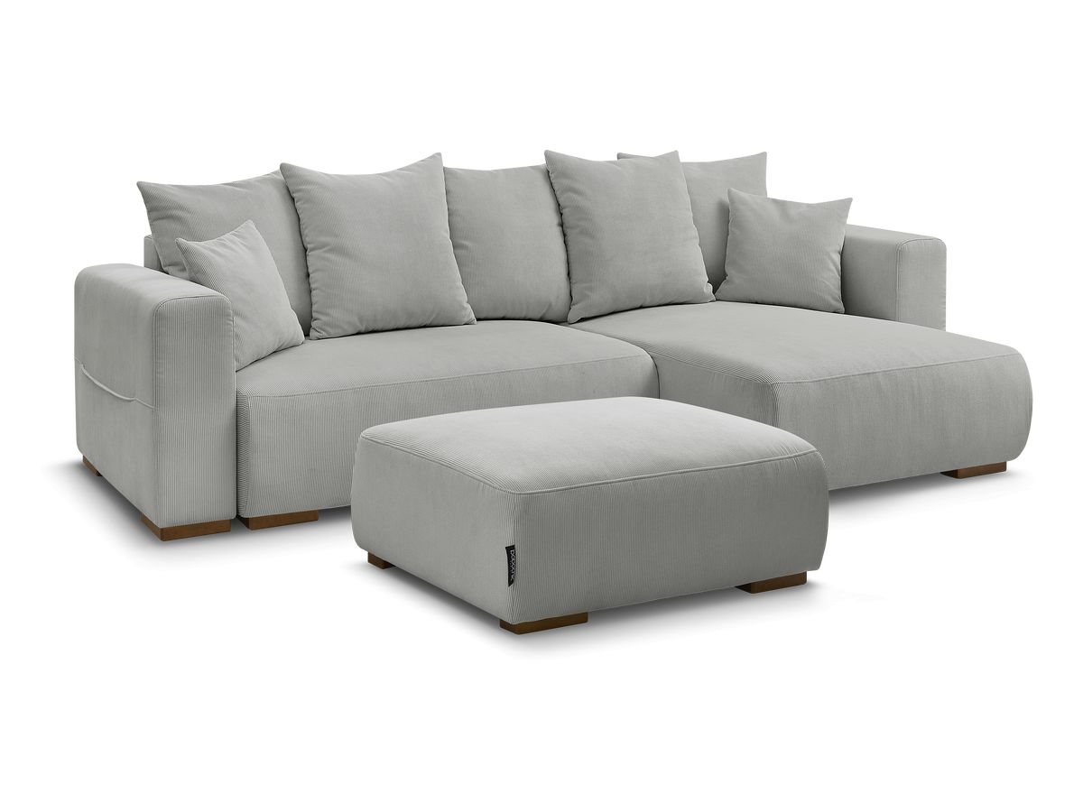 Bobochic Sidonie Ecksofa mit Schlaffunktion und Bettkasten und Pouf Cordsamt Hellgrau