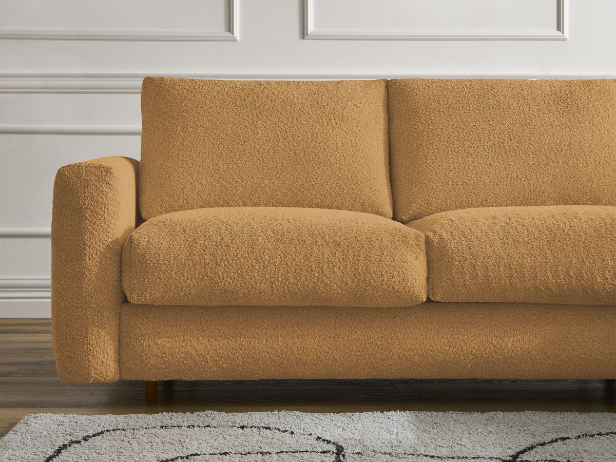 Bobochic Cocoone Ecksofa mit Schlaffunktion und Bettkasten Bouclé-Stoff Gelb, Liegefläche 140 × 200 cm