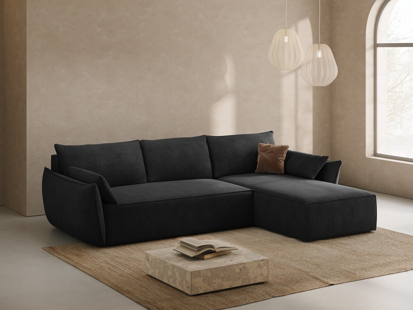 Micadoni Kaelle Ecksofa 4-Sitzer mit Schlaffunktion Rechts Chenille Over The Horizon Schwarz