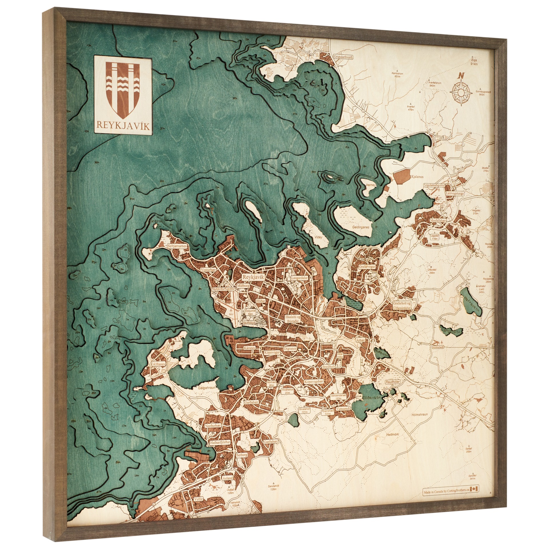 Cutting Brothers 3D Holz-Wandkarte Reykjavik 76x76 cm
