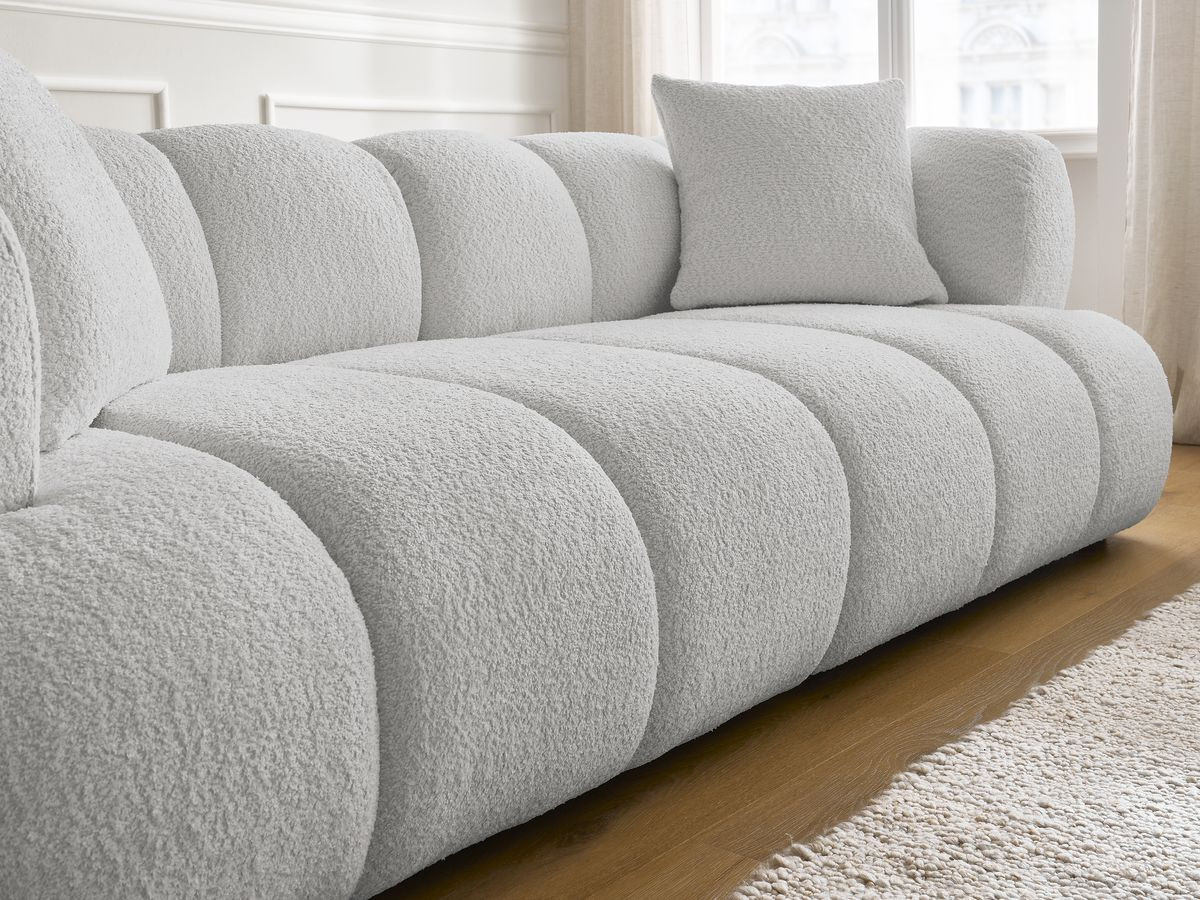 Bobochic Pamira Sofa 3-Sitzer mit Pouf Bouclé-Stoff Hellgrau