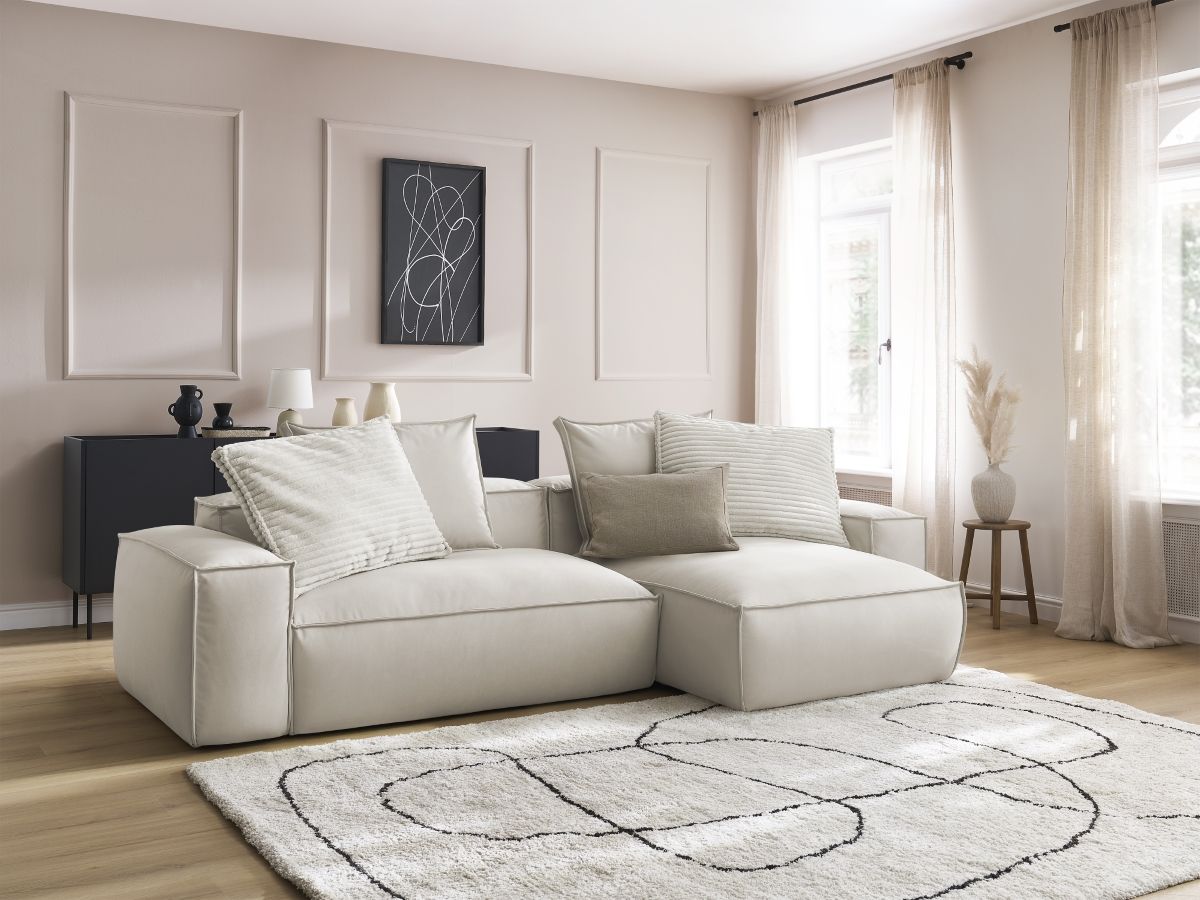 Bobochic Boheme Ecksofa, 3 Kissen Kunstleder Beige