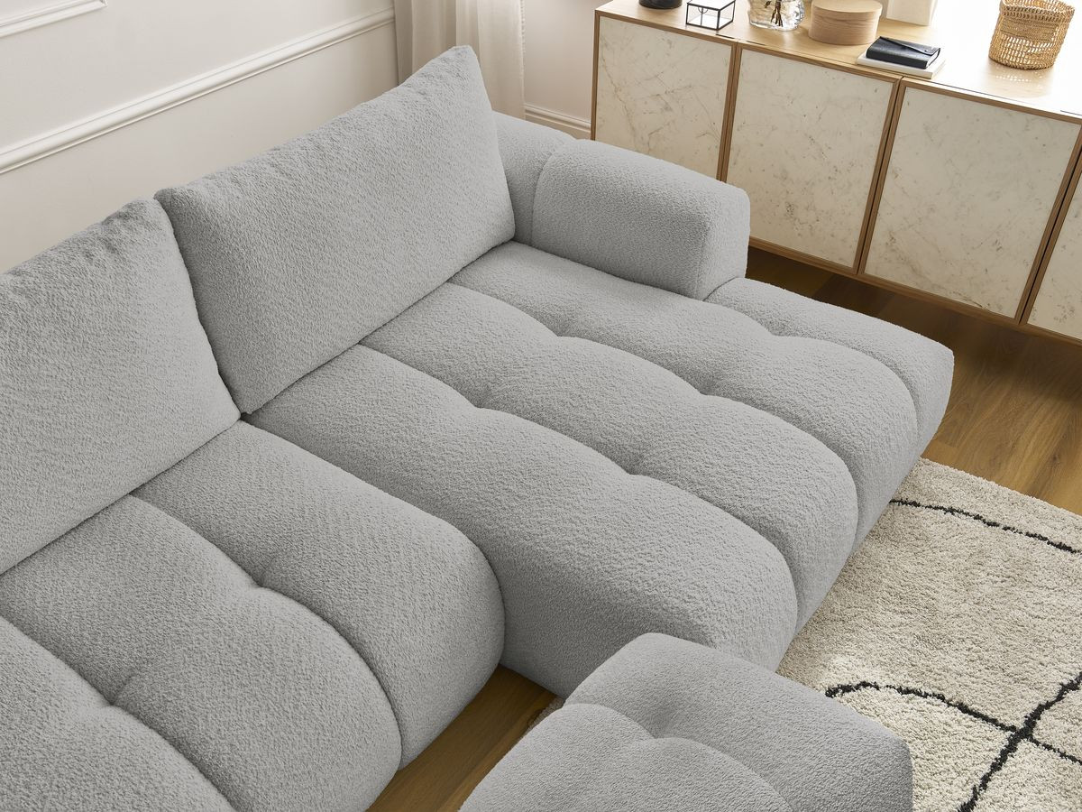Bobochic Fuji Ecksofa mit Schlaffunktion und Bettkasten und Pouf 292 × 160 cm Bouclé-Stoff Hellgrau Ecke rechts