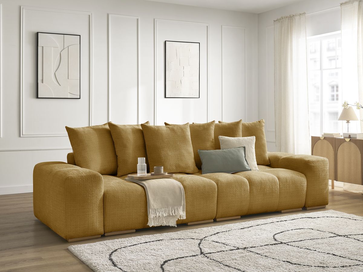 Bobochic Anakin Schlafsofa 3-Sitzer mit Bettkasten, 6 Kissen Strukturstoff Gelb