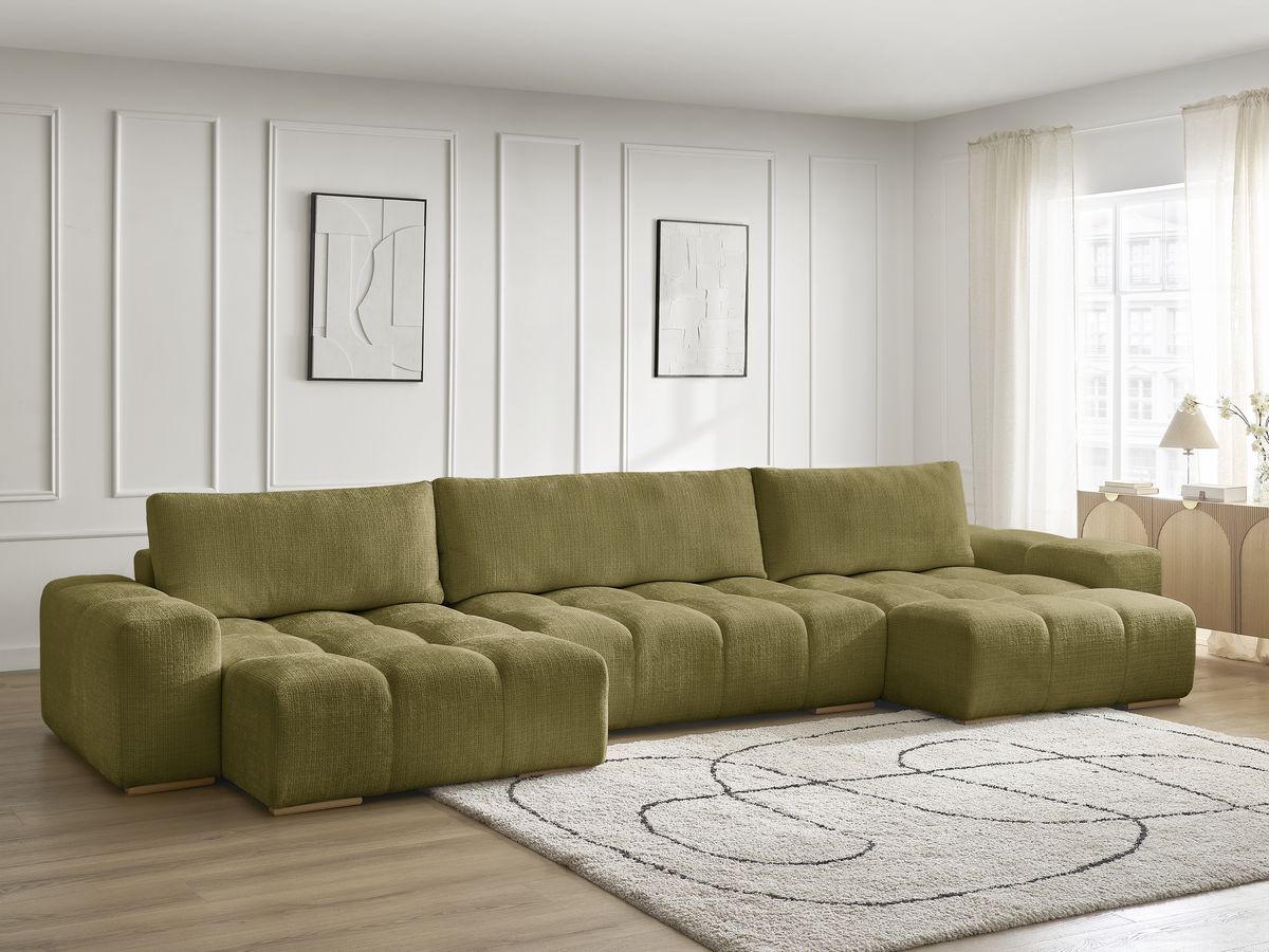 Bobochic Anakin Wohnlandschaft, Liegefläche 137 × 382 cm, 3 Kissen Strukturstoff Grün