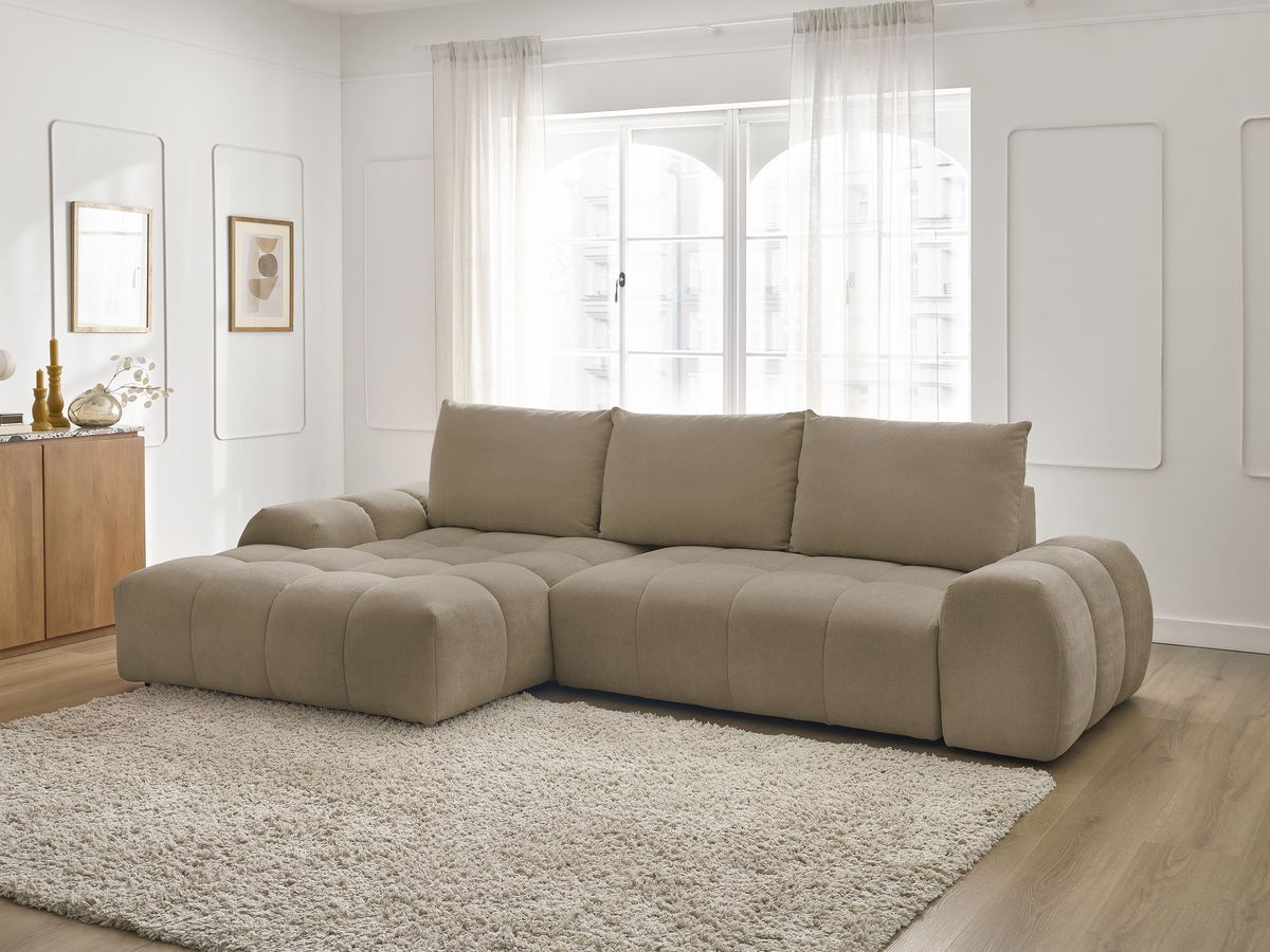 Bobochic Everest Ecksofa mit Schlaffunktion und Bettkasten 318 × 180 cm, 3 Kissen Strukturstoff Taupe Ecke links