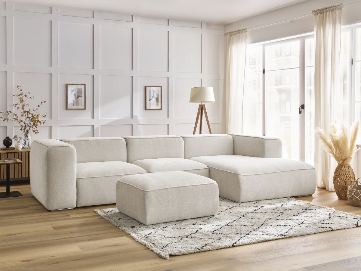 Bobochic Zephyr Ecksofa mit Pouf 349 × 165 cm Strukturstoff Weiß Ecke rechts