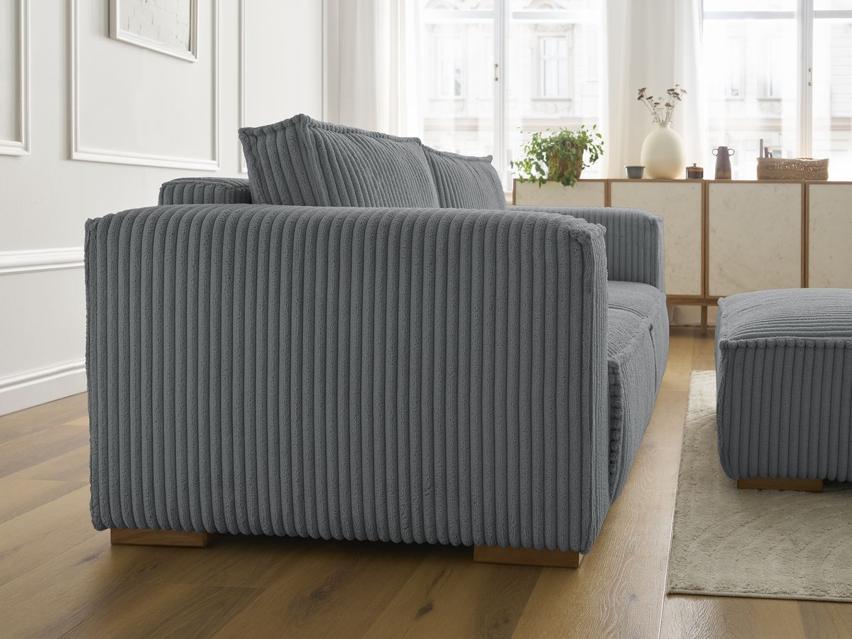 Bobochic Chelsea Sofa 3-Sitzer mit Pouf Breitcord weich Dunkelgrau