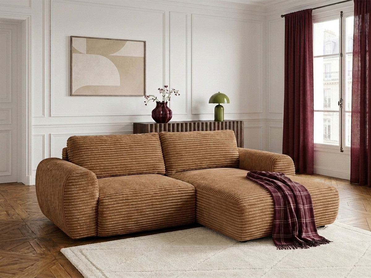 Bobochic Lucien Ecksofa mit Schlaffunktion und Bettkasten Breitcord weich Gelb Ecke rechts