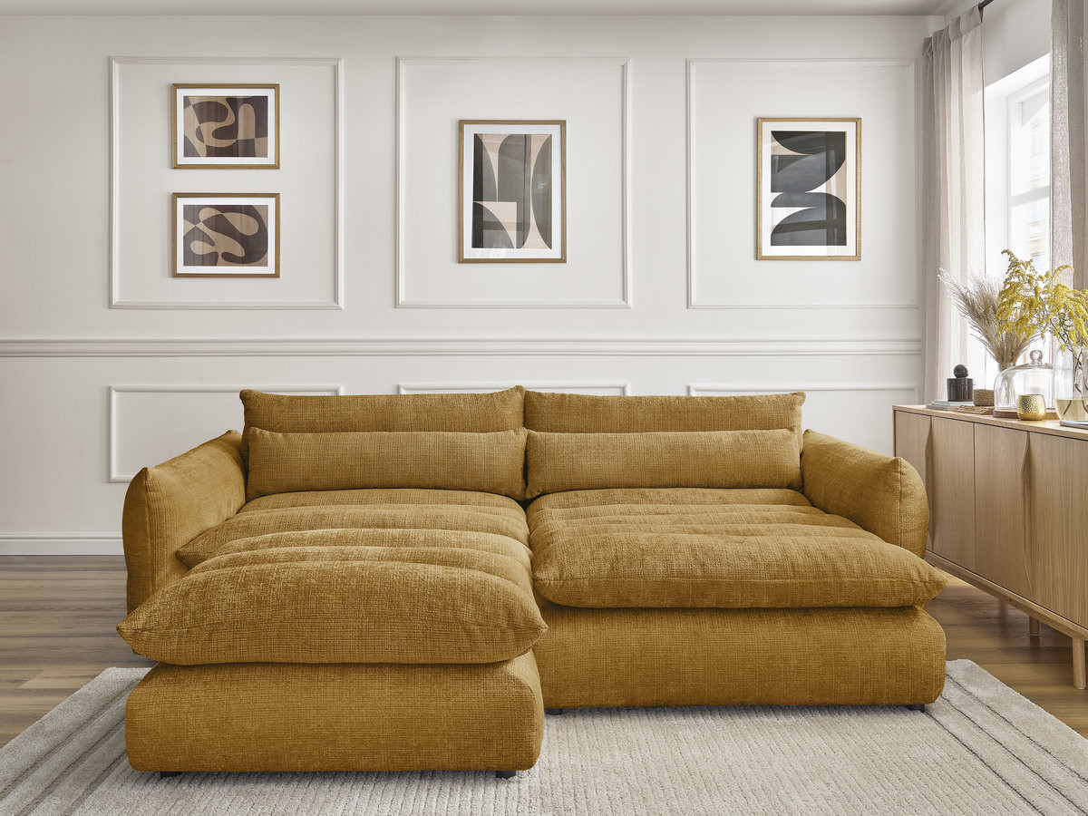 Bobochic Neil Ecksofa mit Pouf Strukturstoff Gelb Ecke rechts