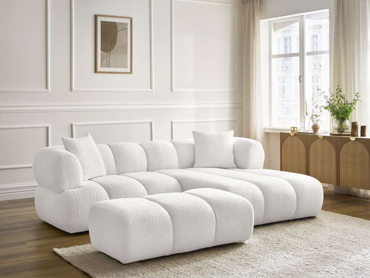 Bobochic Pamira Ecksofa mit Pouf Bouclé-Stoff Weiß Ecke rechts