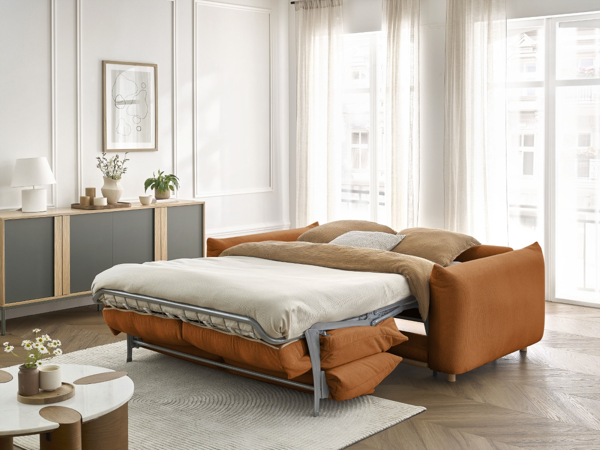 Bobochic Ernest Schlafsofa 3-Sitzer, Liegefläche 190 × 140 / 160 cm Stoff Orange, Liegefläche 160 × 190 cm