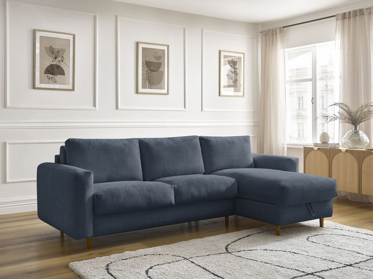 Bobochic Cocoone Ecksofa mit Schlaffunktion und Bettkasten Strukturstoff Dunkelblau, Liegefläche 160 × 200 cm